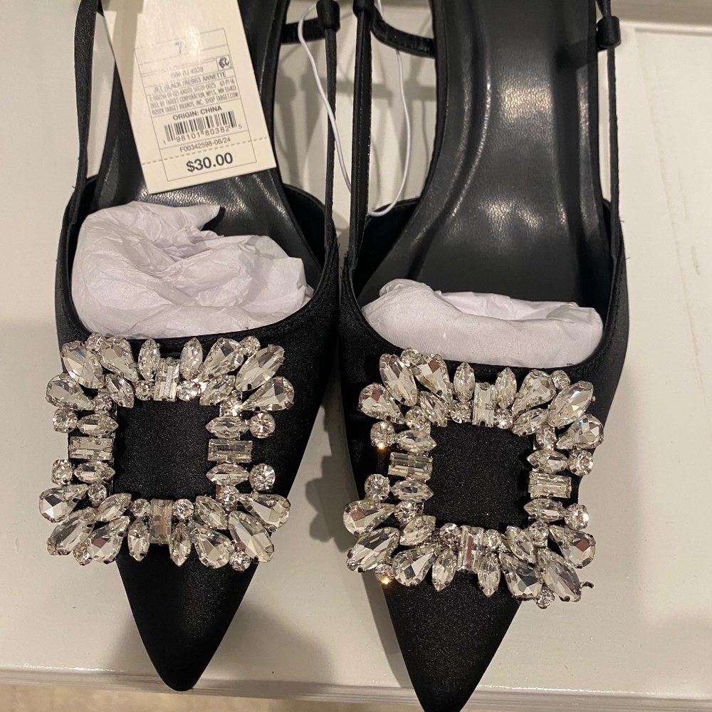 NWT! Black Satin Embellished Party Shoes